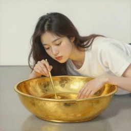lee jin - eun emerging from gold pond by nicola samuri and claude monet, rule of thirds, seductive look, beautiful