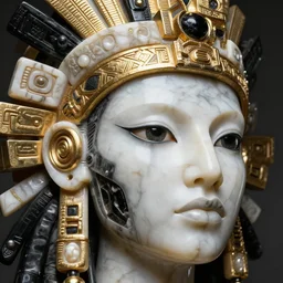 beautiful marble and black onyx aztec tribal woman head with golden elements, hyperrealism, expressive eyes, cyborg, very detailed, by eddie mendoza and giger beksinski, pearl white, grey and gold