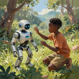 a black kid playing with a futuristic robot in the nature, mixing solarpunk and afropunk, ( ( ( ( volumetric light ) ) ) ), high angle, part by pearl fryar, part by prince damah, sunny day, trending on artstation, cinematic view, illustration, painting, realistic