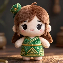 cute fumo plush of a girl in a green and gold tribal patterned dress, stylized material bssrdf, cel shading, vray, anime girl