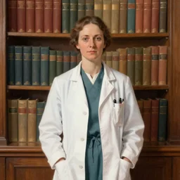 a character portrait of a lady doctor, centered, year 1 8 0 0, illustration, standing in front of a book!!! shelf!!! with a lot of books, facing the camera, by greg rutkowski
