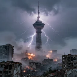 a destroyed 1 9 0 0 city with a big tower in the middle covered in mist, lightning bolts hitting and exploding the buildings, 4 k, by michal karcz
