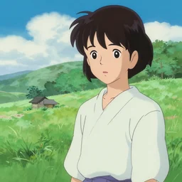a painting of a character in a scenic environment by nobuhiko obayashi