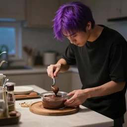 a purple haired man cooking chocolate pudding at 4 am