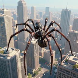 a massive spider crawling over buildings in a large city, digital art, trending on ArtStation