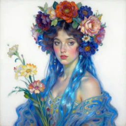 a oil painting hyperrealism of a beautiful woman on a white background, flowers, painted by mucha, floral headdress, 8 k resolution, octane render, trending on artstation, volumetric light 2 blue fractal thunder glow by dan mumford, anaglyph effect, laurie lipton