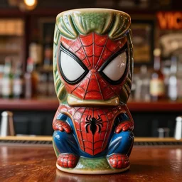 a closeup photorealistic photograph of a spider man style tiki mug on a trader vic's bar featuring the face of spider man. tiki theme. bright scene. fine detail. this 4 k hd image is trending on artstation, featured on behance, well - rendered, extra crisp, features intricate detail, epic composition and the style of unreal engine.