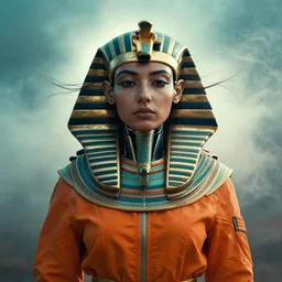symmetry!!! closeup portrait of a cyborg pharaoh girl, fashion racing jumpsuit with big shoulder pads, cinematic light, backlight, windy, teal orange, volumetric smoke, mist, by gerald brom, by mikhail vrubel, by peter elson, muted colors, extreme detail, trending on artstation, 8 k