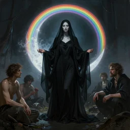 awe-inspiring award-winning concept art painting of attractive figure in black shrouds as ghost of the moonbow queen, rainbow, by Michael Whelan, William Adolphe Bouguereau, John Williams Waterhouse, and Donato Giancola, cyberpunk, extremely moody lighting, glowing light and shadow, atmospheric, shadowy, cinematic, 8K,
