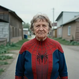 street photograph of a real communist granny spiderman in rural russia, cinematic shot, 1 0 mm