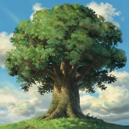 a gigantic oak reaching the sky, detailed clouds, sunbeams, heavenly color scheme, studio ghibli scheme
