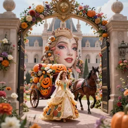 fairytale princess with lovely detailed face entering the gates of her majestic palace of flowers , with horse driven , carriage made of pumpkins , epic scene unreal render depth of focus blur hyperrealistic detail Star Wars mucha Alice Tim burton fantasy art behance