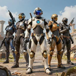 weapons, diverse cybersuits, from behind, survival rituals, wide wide angle, vivid, elaborate, highly detailed, beautiful lighting