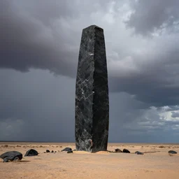 a long shot national geographic color photograph by carr clifton depicting a gigantic black monolith made of onyx towering above the ground in an arid desert landscape with roiling storm clouds