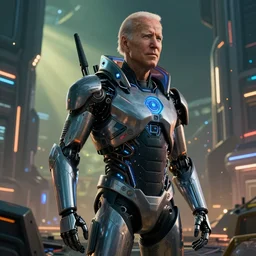 Cyborg Joe Biden in Cyberpunk America, dystopia, future, high technology, artstation