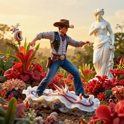 a cowboy turning into blooms in real life. volumetric lighting, beautiful, golden hour, sharp focus, ultra detailed. bold vibrant complementary colors. a cowboy with plants by frank frazetta, kai carpenter, syd mead. tropical sea slugs. 4 k, 3 5 mm, fujifilm, sculpture by antonio canova. red white jade