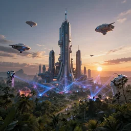 concept art landscape futuristic forest city high tech sunset laser festival robot space ships