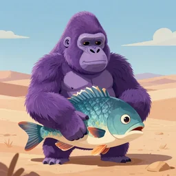 concept art of purple gorilla hugging a generic fish in the desert