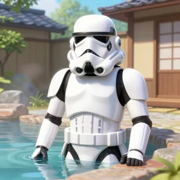 hyperrealism composition of the japanese home with a garden, detailed stormtrooper in hot springs, pop - art style, jacky tsai style, andy warhol style, roy lichtenstein style, acrylic on canvas