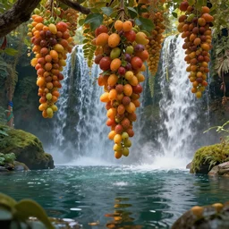 close up of low hanging fruits, pond, waterfalls, by james gurney, low angle shot, concept art, intricate, hyper detailed, volumetric lighting, sharp focus, octane render, trending on artstation, 8 k