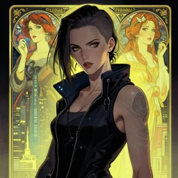 cyberpunk woman in a city, high detail, crisp shading, in the style of greg rutkowski and alphonse mucha and andree wallin, artstation, half body portrait