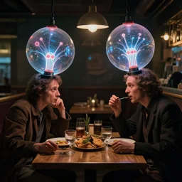 two spherical glass plasma lamp heads with normal human bodies and clothes having an awkward dinner date in a dimly lit cafe. cyberpunk dystopia. intricate, highly detailed, dramatic lighting, anton pieck, william henry hunt, trending on artstation