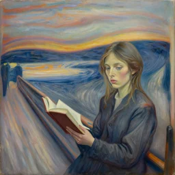 a young woman reading, canvas, oil paint, ultra - wide angle, insanely detailed and intricate, hypermaximalist, elegant, ornate, hyper realistic, super detailed, gray, quiet, peace, artwork by edvard munch