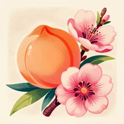 large colorful orange peach and pink blossom, vintage color halftone advertisement illustration pointillism, nostalgic high saturation, solid light grey background