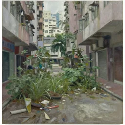 rundown streets of hong kong and overgrown with plants, debris on the floor, abandoned by peter elson, oil on canvas