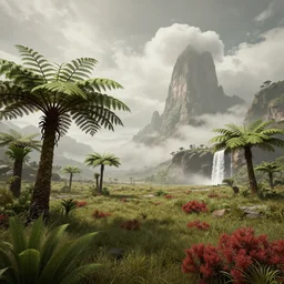 a prehistoric savanna with giant ferns, red shrubs, waterfall, mountains, towering clouds, volumetric lighting, hazy, washed out, an award winning digital render, beautiful, ultradetailed, hyperrealistic, great composition
