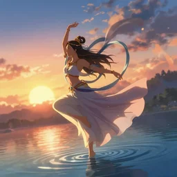 Himalayan priestess dancing on water, beautiful flowing fabric, sunset, dramatic angle, 8k hdr pixiv dslr photo by Makoto Shinkai ilya kuvshinov and Wojtek Fus