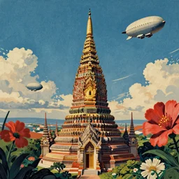 surreal glimpse into other universe, mahanakorn tower with airship floating n the sky, summer morning, very coherent and colorful high contrast, art by!!!! rene magritte!!!!, geof darrow, floralpunk screen printing woodblock, dark shadows, hard lighting, stipple brush technique,