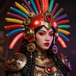awardwinning photo of a steampunk goddess kali, wearing a glowing red and golden metallic aztec helmet with multicolored tubes and shiny metallic gears, 3 d render, crisp, 8 k, fluorescent colors, nikon photography