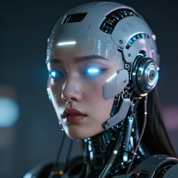 photo of soulful female as a cyberpunk mecha humanoid robotic head and face parts with straight bright led lights, small light emitting cables, sweaty skin dripping down face, ultra - realistic and detailed, long exposure 8 k