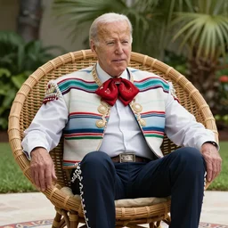 joe biden wearing a mexican poncho and sitting on a papasan chair