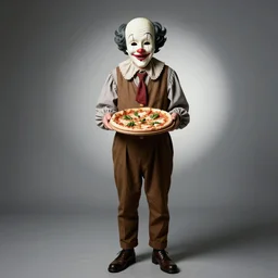 portrait photo of pale wrinkled man, with pulcinella mask, holding a pizza margherita, studio photography, backlit, full body, sharp focus, clear eyes, photo by annie leibovitz, commedia dell'arte