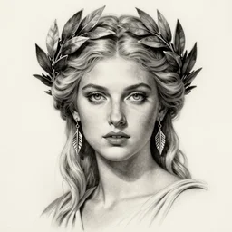 tattoo sketch of beautiful aphrodite greek goddess wearing a laurel wreath and arrowhead earrings, hyper - realistic, beautiful piercing eyes, small and sharp pupils, sexy look, beautiful blonde hair, in the style of matteo pasqualin, amazing detail, fantasy, elegant, smooth, sharp