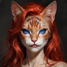 half body portrait illustration of a femme fatale with a cat face. red hair, blue almond eyes. dystopian, detailed, art nouveau, pop art, comic book style. influenced by neil gaiman, h. p. lovecraft, wlop, lei min, annie leibovitz, voitv