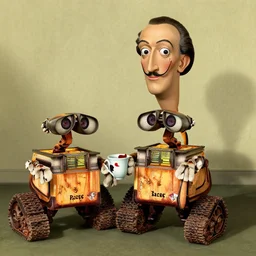 salvador dali sitting by wall-e having tea