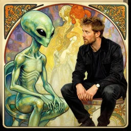 joe rogan interviewing an alien, octane render, by greg rutkowski, alphonse mucha, artgerm