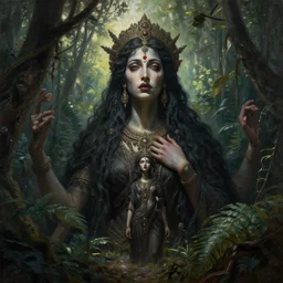 a dark masterpiece oil painting portrait of a colossal epic majestic gothic indian tribal goddess of beauty youth and sorrow, hard sunlight in jungle, by tim hildebrandt, by wayne barlowe, by zdzisław beksinski, by greg rutkowski, trending on artstation, featured on pixiv, cinematic composition, beautiful lighting, sharp, hyper - detailed, head and upper body only, hd 8 k