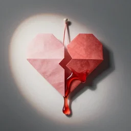 paper origami broken heart pinned to a wall, dripping strawberry syrup