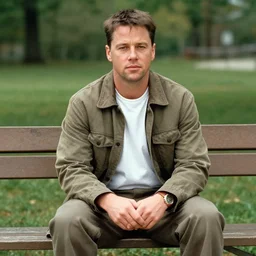 film still of matt damon as forrest gump sitting on a bench with a box of chocolates in forrest gump, 4 k