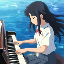 Anime girl playing piano on blue water, long shot, Cushart Krenz, Shinkai Makoto, lots of details, extremely detailed, 4k