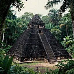 old photo of black pyramid in a jungle, 1999