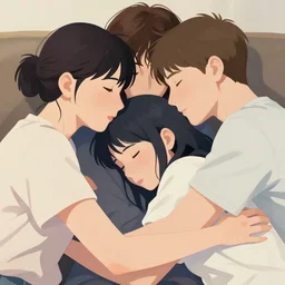 very close - up painting of three young people cuddling in the sofa, romantic, group hug, polyamory, highly detailed, smooth, stylized, vector line art, clean cel shaded vector art, by lois van baarle, ross tron, artgerm, helen huang, makoto shinkai, ilya kuvshinov, rossdraws
