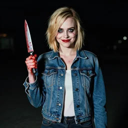loish, artgerm, Joshua Middleton art, pretty Alison Brie serial killer holding bloody knife in right hand realistic hand, blood on clothes and face, sarcastic smile, symmetrical eyes, symmetrical face, jean jacket, jeans, short blonde hair, middle shot, night time, deep blacks