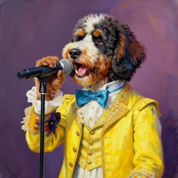 anthropomorphic art of anthropomorphic bernedoodle singing in microphone victorian bright clothing by artgerm victo ngai ryohji hase art