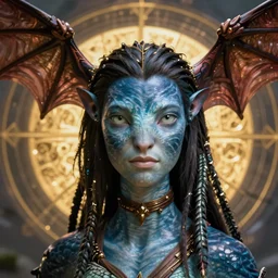 a stunning ultra detailed fantasy fine art portrait photo of a na'vi goddess from avatar movie wearing bat wings on the head, by karol bak, boris vallejo and anna dittman, arms made of dragon skin, golden ratio composition, deep depth of field, perfect eyes and face, cyberpunk, soft lighting, artstation, 8 k