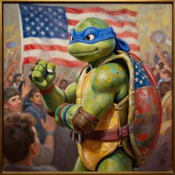 accurate museal portrait painting of a ninja turtle michelangelo dressed with suit speaking to a crowd with an american flag on his back,